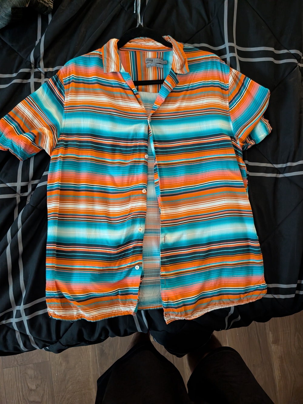 Casual Short-Sleeve Button-Up Shirt in Turquoise & Orange - Unbranded
